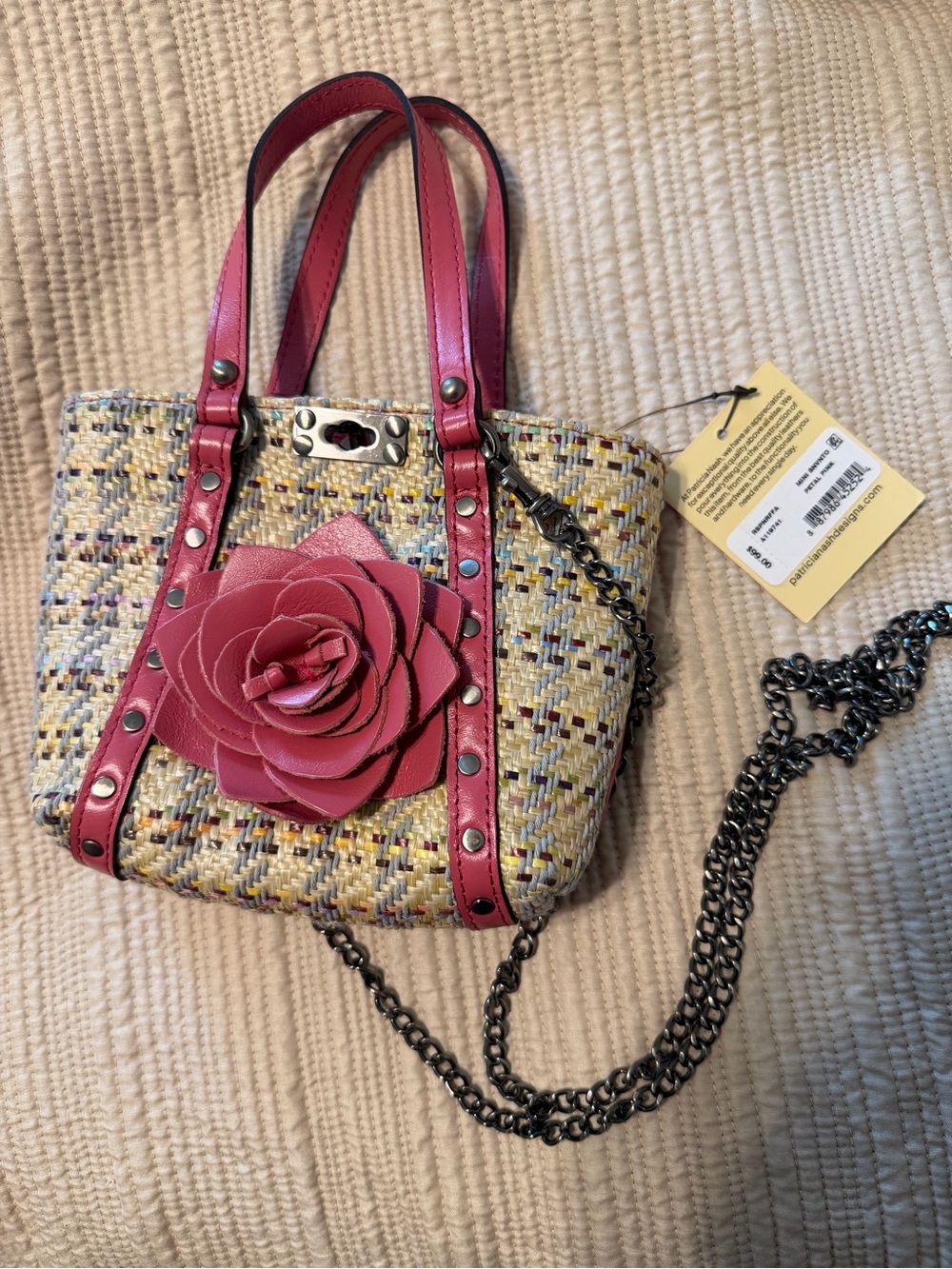 Patricia Nash Tweed Mini Tote with Petal Pink Floral Applique